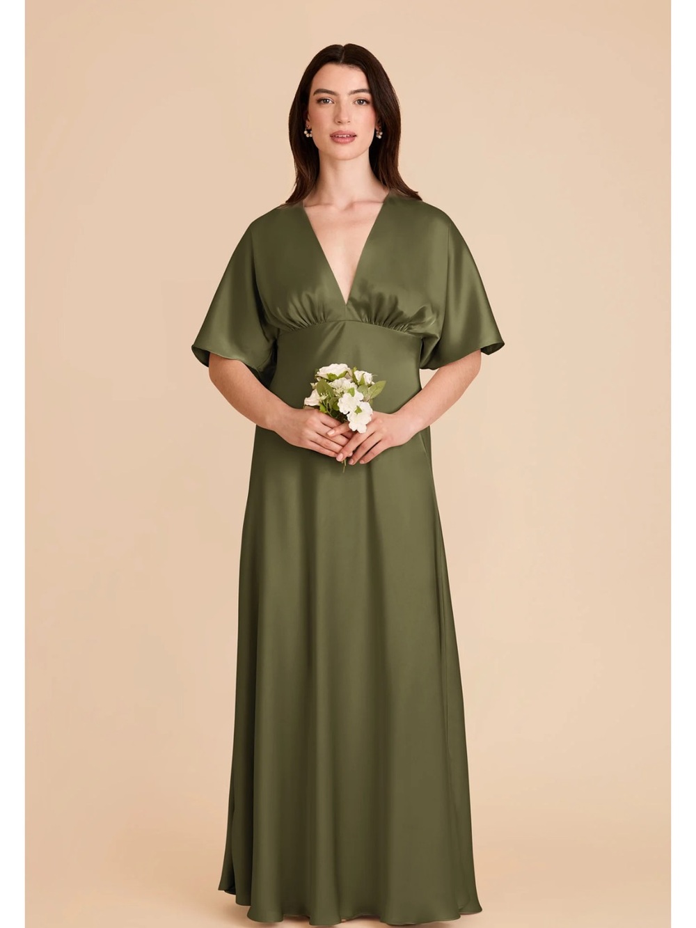 Olive Green V-Neck Maxi Dress with Flutter Sleeves